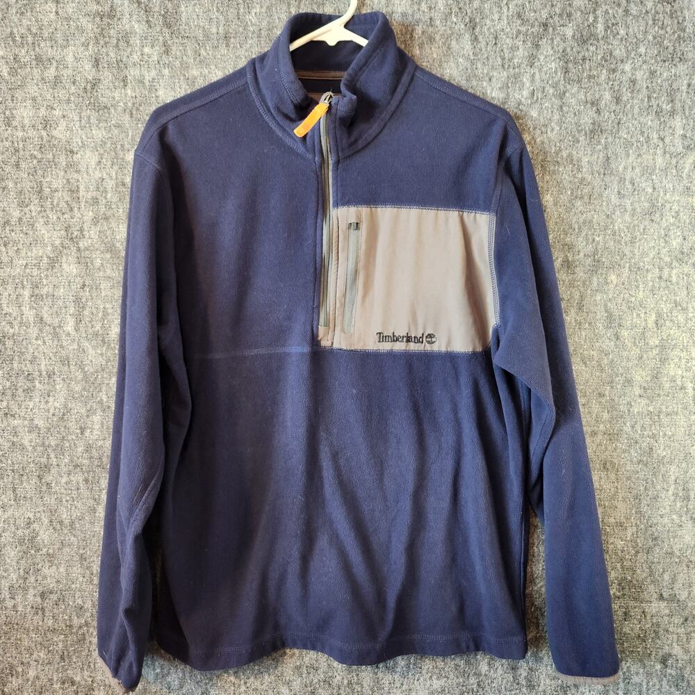 Timberland Fleece Pullover Jacket Mens L Navy Blue 1/4 Zip Chest Pocket Hiking